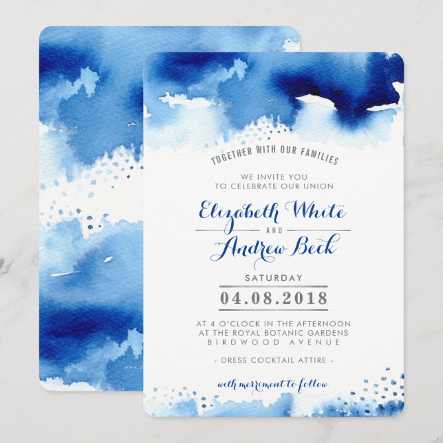 WEDDING INVITE stylish chic watercolor dark blue (Front/Back)