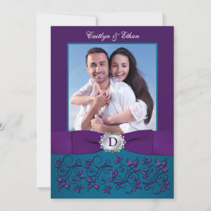 Wedding Invite Teal, Purple Floral Photo