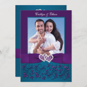 Wedding Invite | Teal, Purple Hearts | Photo (Front/Back)