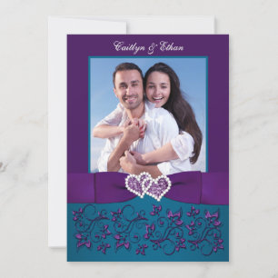 Wedding Invite Teal, Purple Hearts Photo