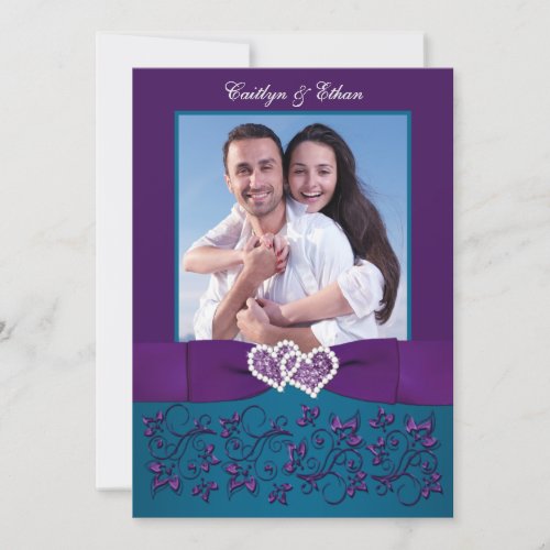 Wedding Invite  Teal Purple Hearts  Photo