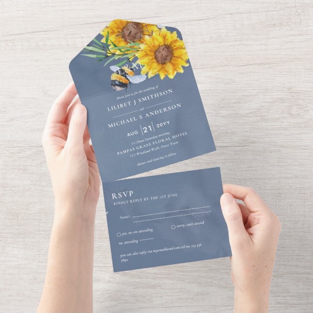 Wedding Invites with RSVP Rustic Sunflowers Bees (Tearaway)