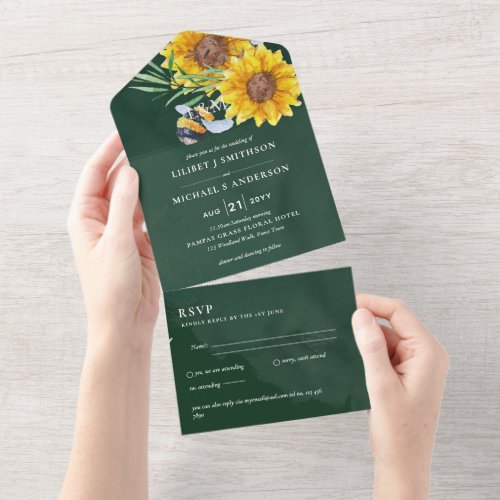 Wedding Invites with RSVP Rustic Sunflowers Bees