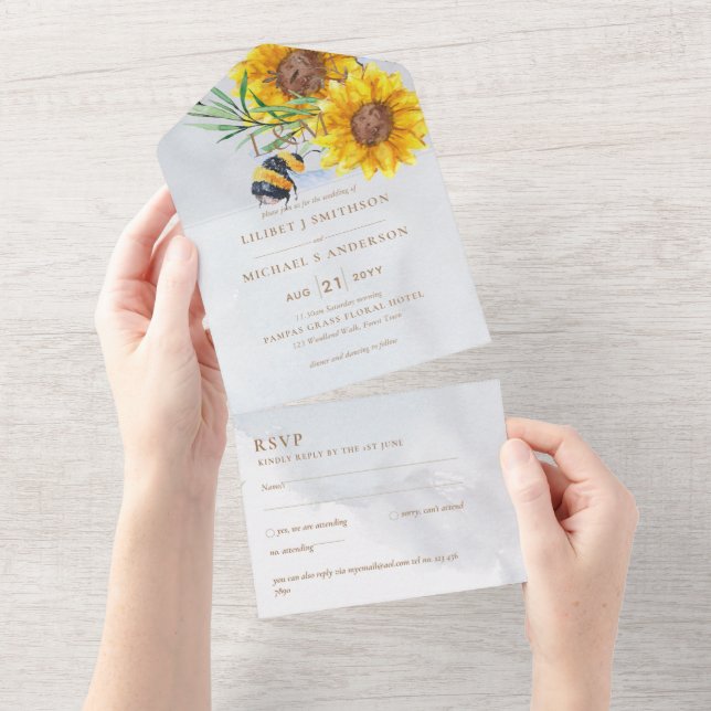 Wedding Invites with RSVP Rustic Sunflowers Bees (Tearaway)