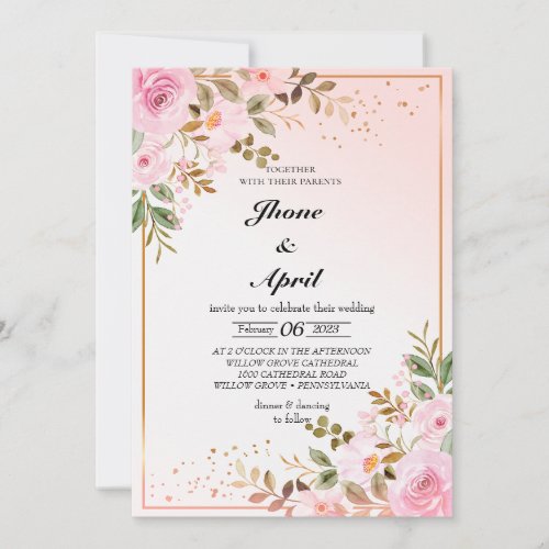 wedding invtation pink golde with flowers invitation