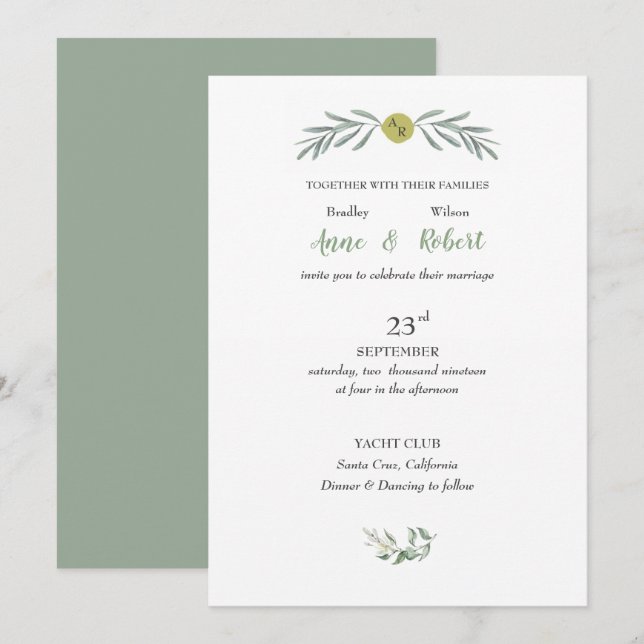 Wedding Italian Garden Green Leaves Gold Circle Invitation (Front/Back)