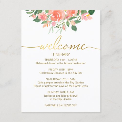 Wedding Itinerary Gold Script With Pink Roses Enclosure Card