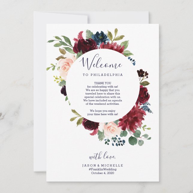 Wedding Itinerary Hotel Welcome Letter - Burgundy Invitation (Front)