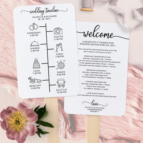 Wedding Itinerary Icon Chic Script Wedding Welcome Hand Fan