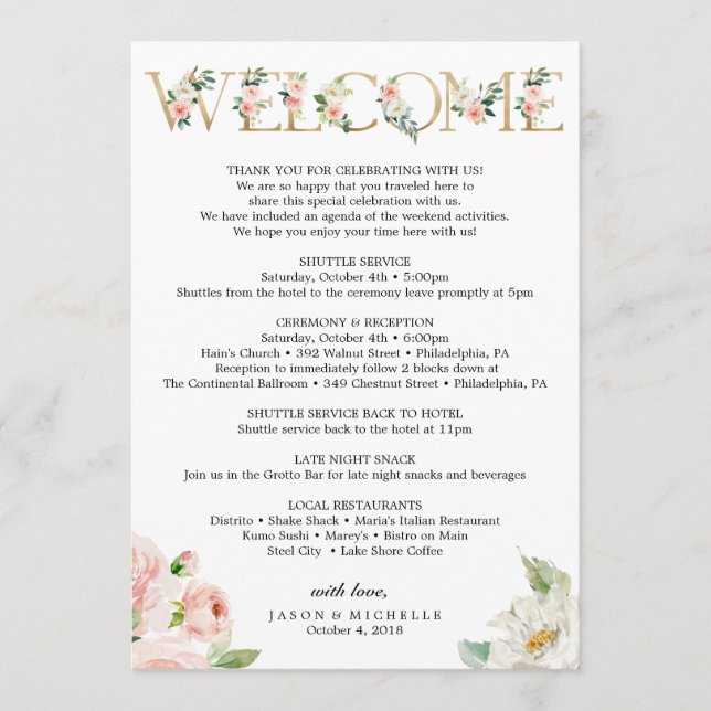 Wedding Itinerary - Wedding Welcome - Bachelorette Program (Front)