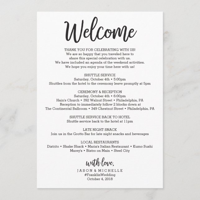 Wedding Itinerary - Wedding Welcome Letter Program (Front)