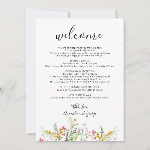 Wedding Itinerary Welcome Bag Letter Wildflowers Holiday Card