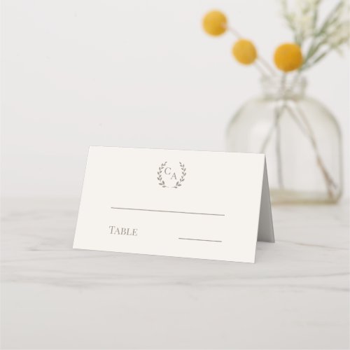 Wedding ivory cream taupe monogrammed wreath place card