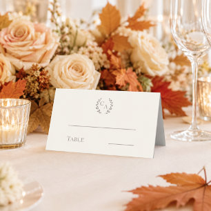 Wedding ivory cream taupe monogrammed wreath place card