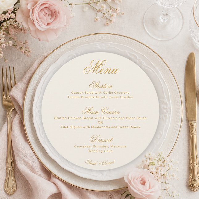 Wedding Ivory Gold Simple Elegant Script Round  Menu (Creator Uploaded)