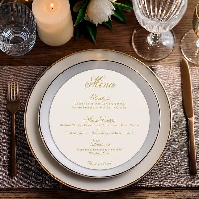 Wedding Ivory Gold Simple Elegant Script Round  Menu (Creator Uploaded)