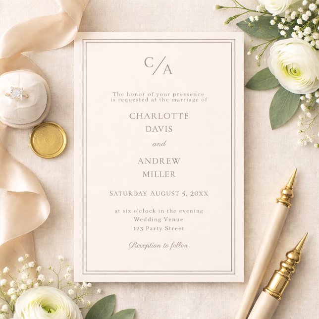 Wedding ivory taupe monogrammed simple invitation (Creator Uploaded)