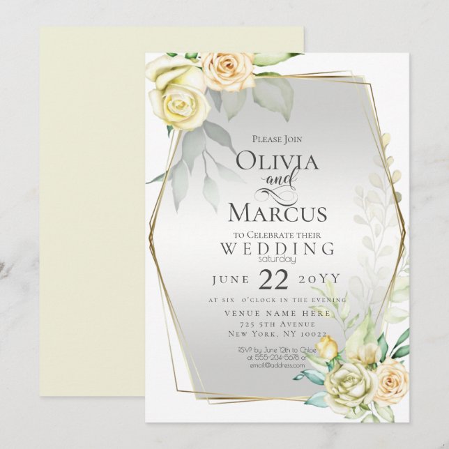Wedding | Ivory Yellow Blush Watercolor Roses Invitation (Front/Back)