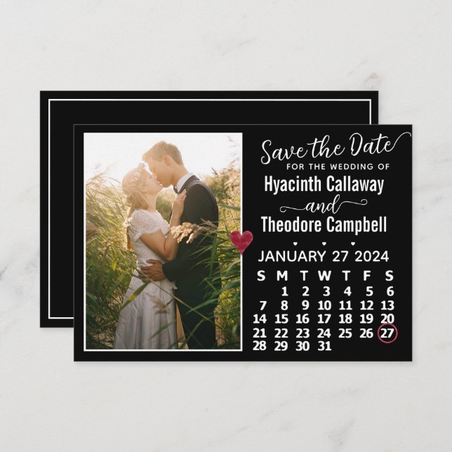 Wedding January 2024 Calendar Custom Photo Black Save The Date (Front/Back)