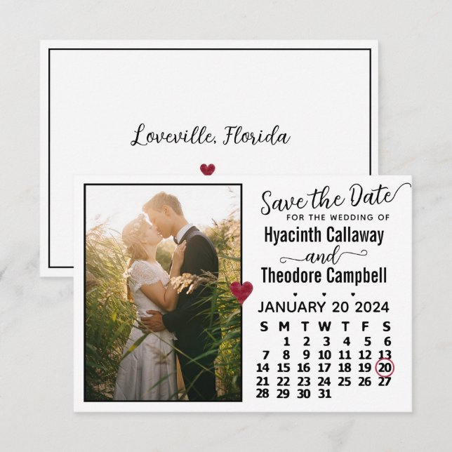 Wedding January 2024 Calendar Custom Photo White Save The Date (Front/Back)
