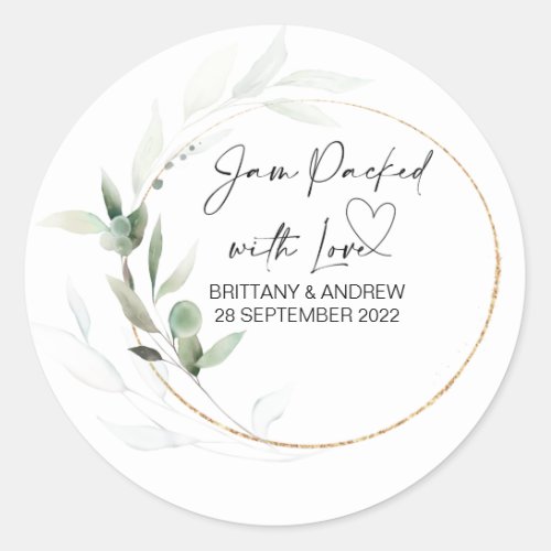 Wedding Jar Favor Jam Packed With Love Eucalyptus Classic Round Sticker