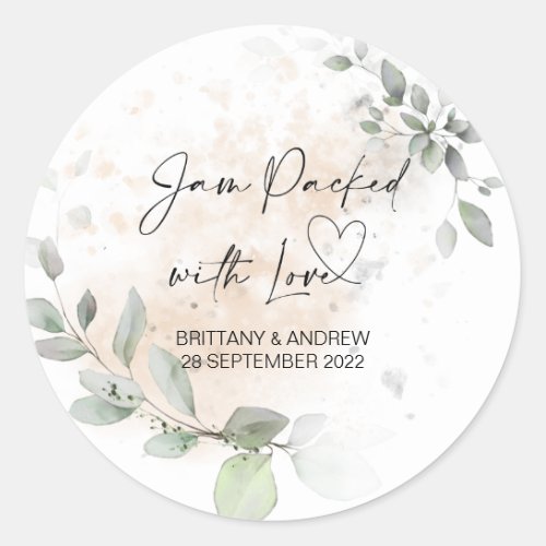 Wedding Jar Favor Jam Packed With Love Eucalyptus Classic Round Sticker