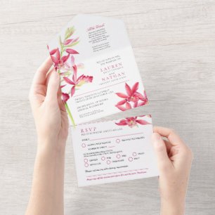 Wedding jewel orchid watercolor meal RSVP photo All In One Invitation