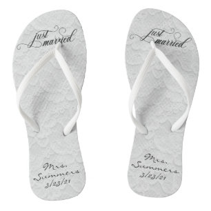 Wedding Just Married White Lace Personalized Bride Flip Flops