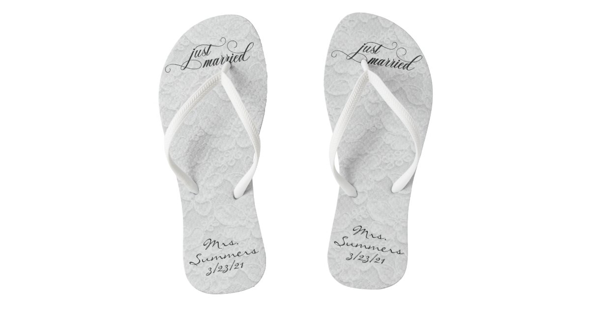 Wedding Just Married White Lace Personalized Bride Flip Flops | Zazzle