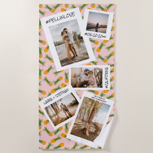 Wedding keepsake 5 photo grid collage pineapple beach towel