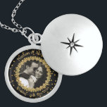 Wedding Keepsake Elegant Black Gold Photo Locket Necklace<br><div class="desc">Elegant black and gold embellished sterling silver locket to personalize with your own photograph and text with ornate gold colored frame surrounding your photograph set off against a black background with gold colored flecks. Looks stunning with black and white photographs making a special gift or keepsake to remember a special...</div>