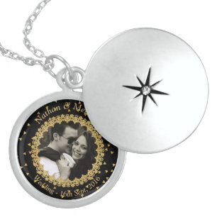 Wedding Keepsake Elegant Black Gold Photo Locket Necklace