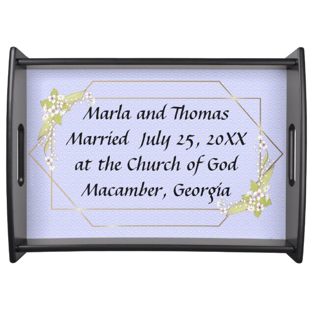 Wedding Keepsake in Blue with Hearts and Frame Serving Tray (Front)