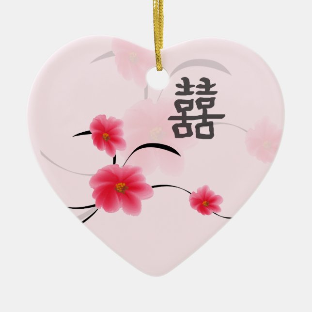 Wedding Keepsake Pink Blossom Double Happiness Ceramic Ornament (Front)