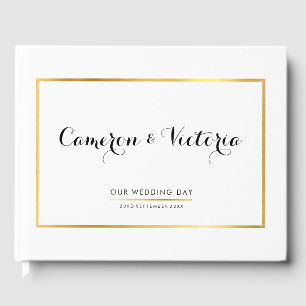WEDDING KEEPSAKE simple stylish faux gold frame Guest Book