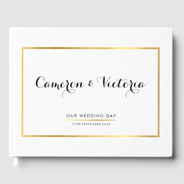 WEDDING KEEPSAKE simple stylish faux gold frame Guest Book (Front)