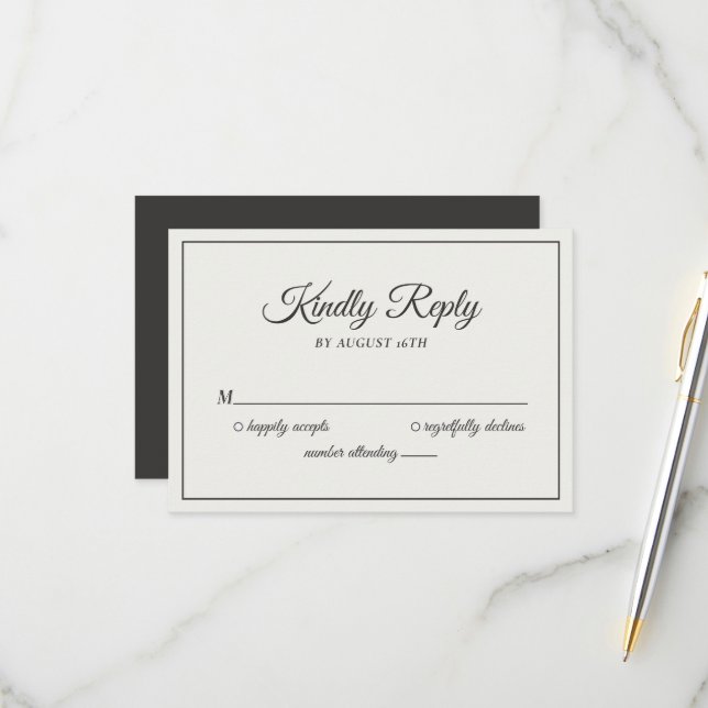 Wedding Kindly Reply Minimalist Cream & Soft Black RSVP Card (Front/Back In Situ)