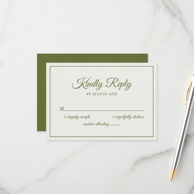 Wedding Kindly Reply Modern Cream & Olive Green RSVP Card (Front/Back In Situ)