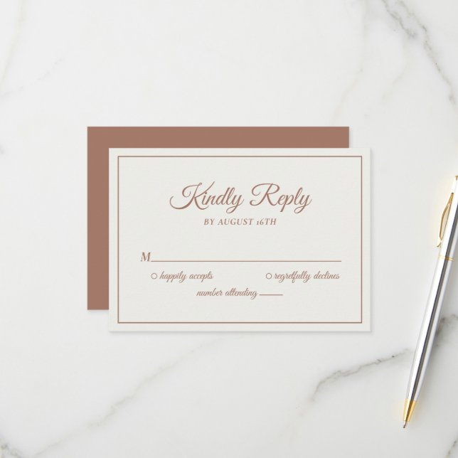 Wedding Kindly Reply Modern Mocha Brown RSVP Card (Front/Back In Situ)
