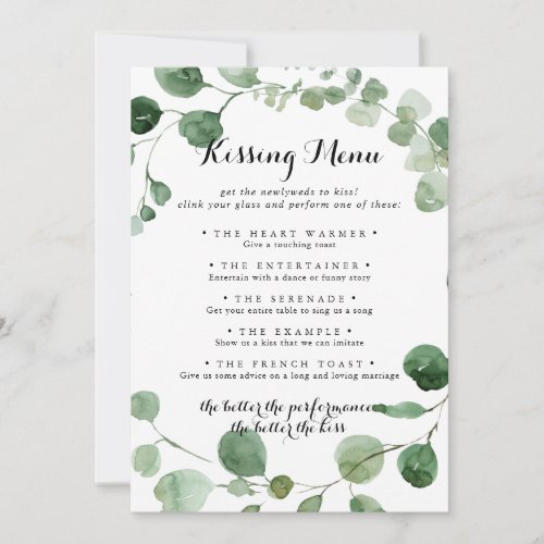 Wedding Kissing Menu Game Eucalyptus Card
