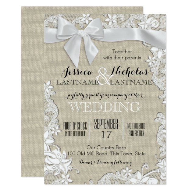 Wedding Lace And Bow Country Rustic Invitation