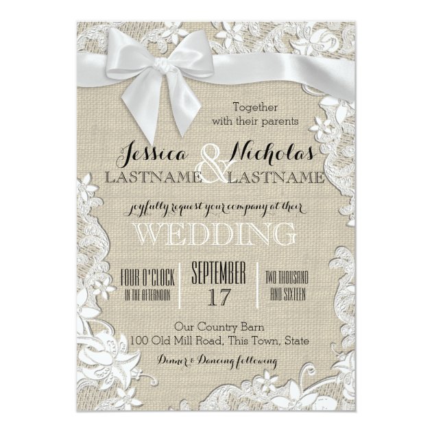 Wedding Lace And Bow Country Rustic Invitation