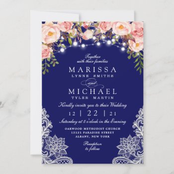 Wedding Lace Navy Rustic Roses Floral Invitation by girlygirlgraphics at Zazzle