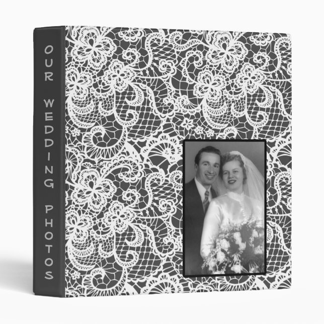 Wedding Lace On Gray with Photo  3 Ring Binder (Front/Spine)