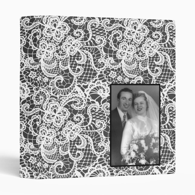 Wedding Lace On Gray with Photo 3 Ring Binder (Front/Spine)
