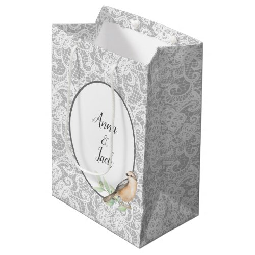 Wedding Lace on Silver Medium Gift Bag