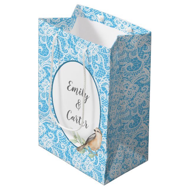 Wedding Lace on Turquoise Medium Gift Bag (Front Angled)