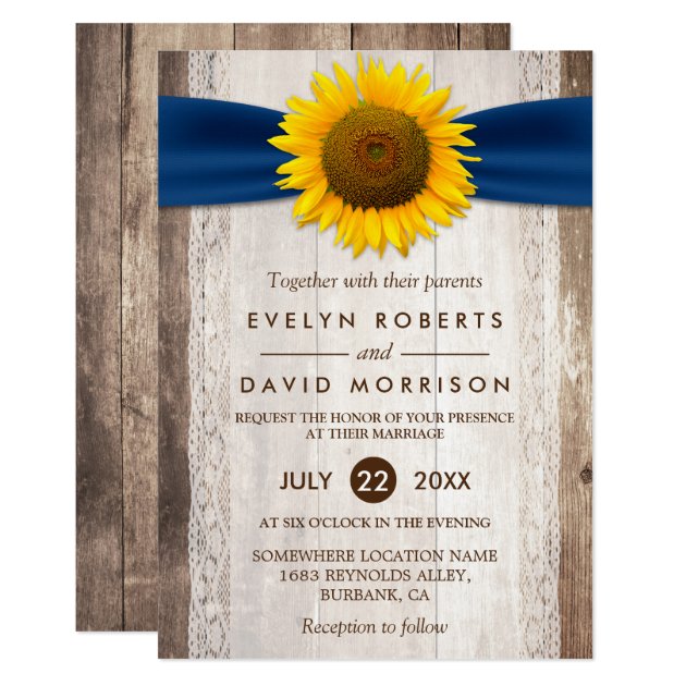 Wedding Lace Rustic Barn Wood Sunflower Ribbon Invitation