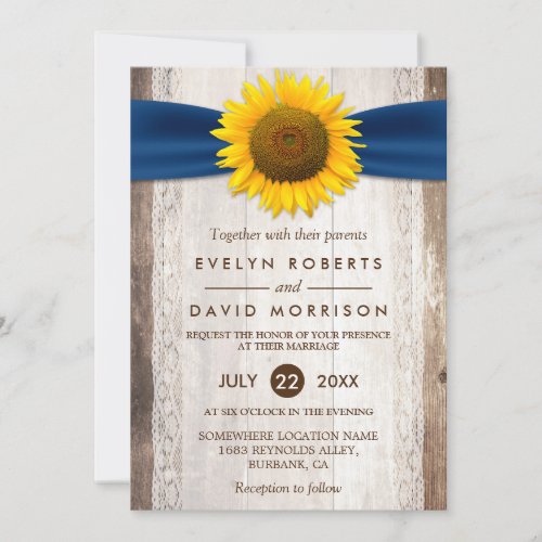 Wedding Lace Rustic Barn Wood Sunflower Ribbon 5x7 Paper Invitation Card