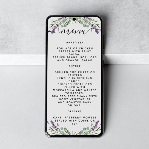 Wedding lavender eucalyptus greenery menu card